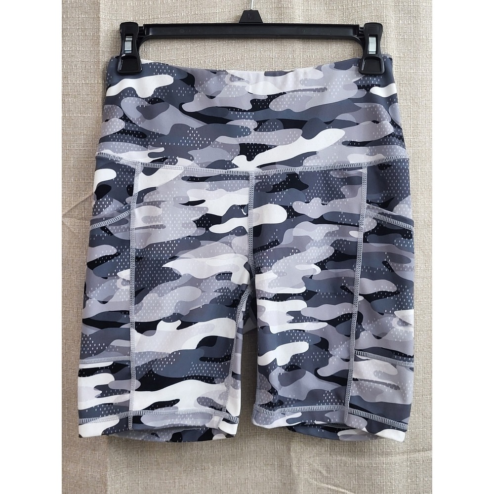 Reebok Womens Grey Camo High Waisted Biker Shorts with Pockets Size Small